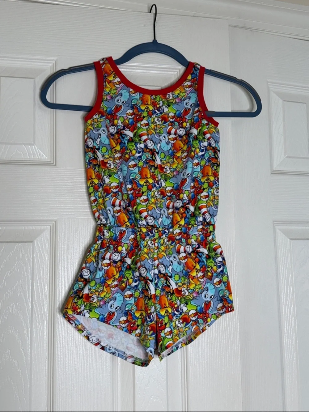 Colorful Dr. Seuss Print Girls Romper - Red Trim